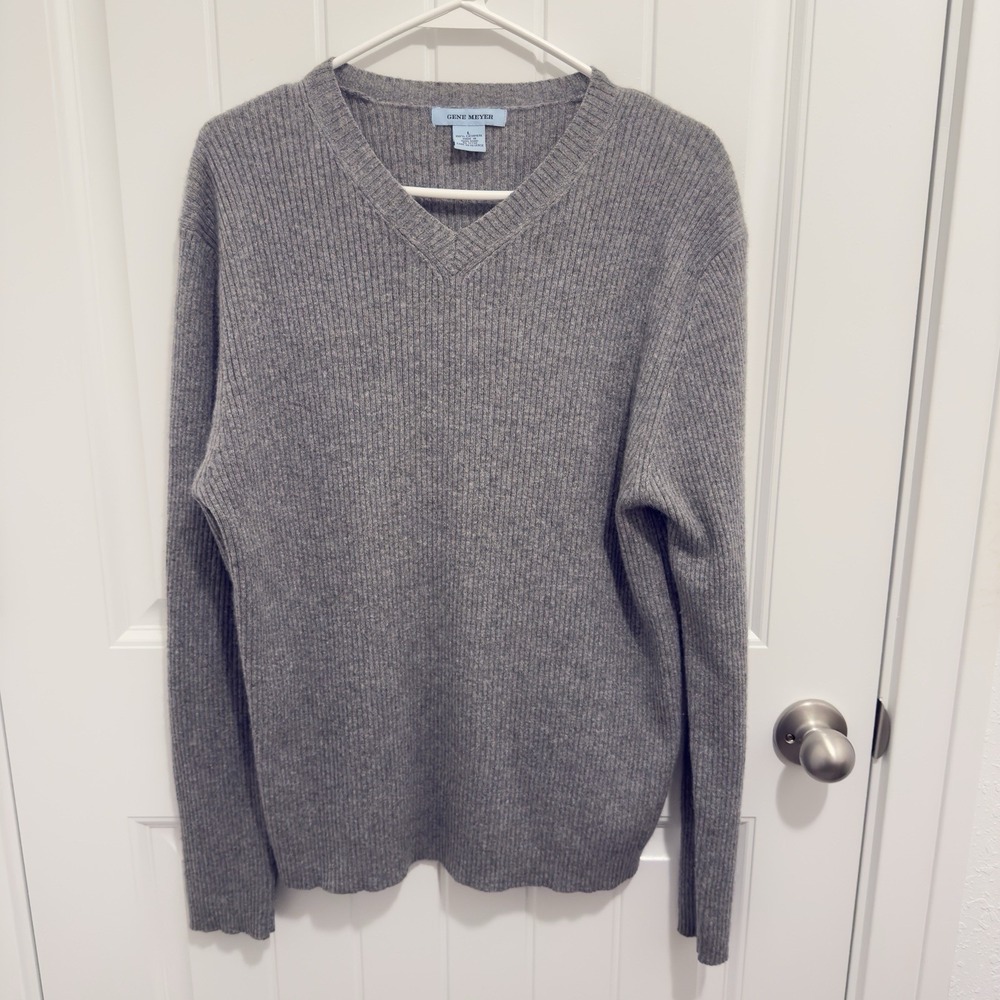 Gene Meyer Women's Vneck Gray Ribbed 100% Cashmere Sweater Size L
